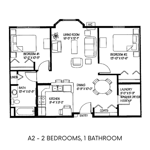 Floor plan for 2 beds, 1 bath, 925 sqft